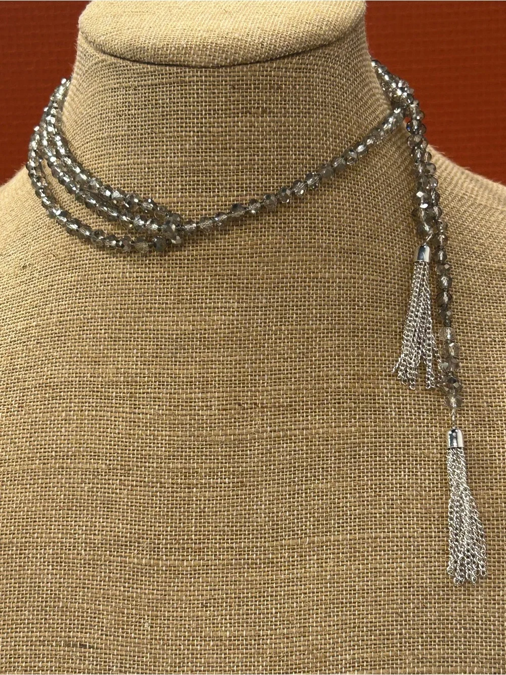Stunning silver metallic glass crystal tasseled lariat scarf necklace